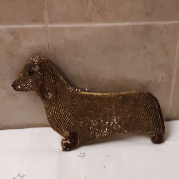 Vintage Gold Light Brown Hand Beaded Dachshund Dog Coin Purse Wallet Rare Unused - Picture 6 of 13